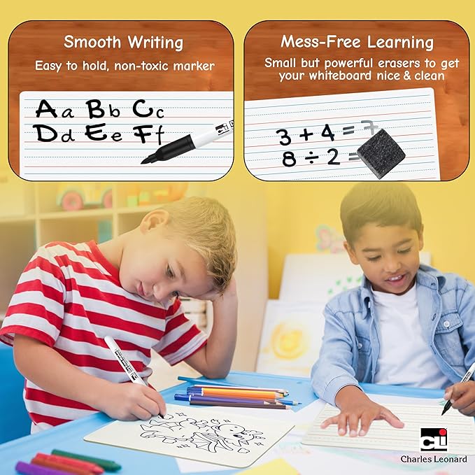 Charles Leonard Magnetic Lapboard Class Combo Pack, Includes 12 Each: 2 Sided Plain/Lined 9 x 12 Inch White Boards, 2-Inch Erasers, Black Dry Erase Markers (35045)