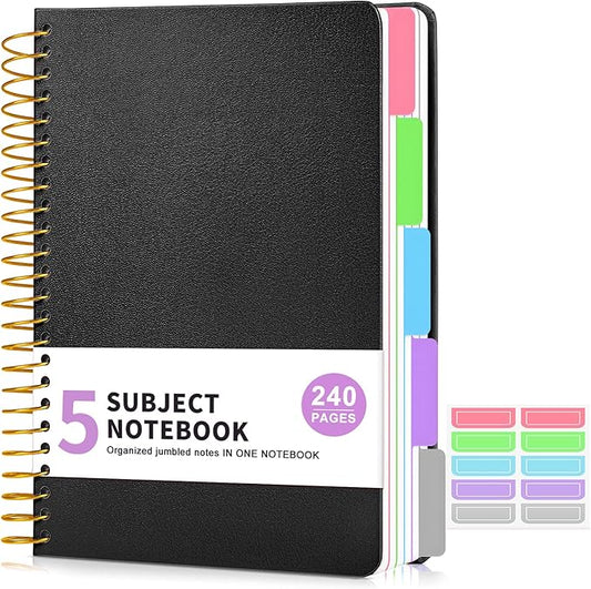 5 Subject Notebook College Ruled 240 Pages, A5(5.8"x8.3") Hardcover Spiral Notebook with Removable Pocket Dividers Tabs, Lined Spiral Journal Notebook for Women, Notebooks for Work School Note taking Black