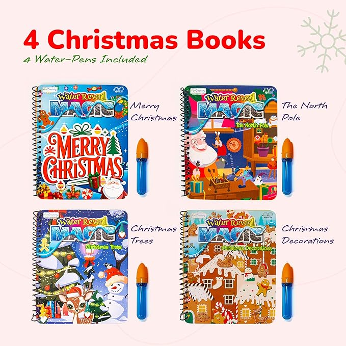 Stocking Stuffers for Toddlers, 4 Pack Christmas Water Coloring Books for Kids, Christmas Activities for Kids, Christmas Crafts for Toddlers, Toddler Travel Essentials, Toddler Gift Toys