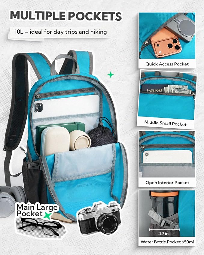 WATERFLY Small Packable Travel Backpack: 10L Ultra-Light Daypack for Adults | 9.2 oz,Water-Resistant Nylon,Breathable Mesh Straps,Reflective Strips,Emergency Whistle,Multi-Pockets,Hiking,Cycling,Commute
