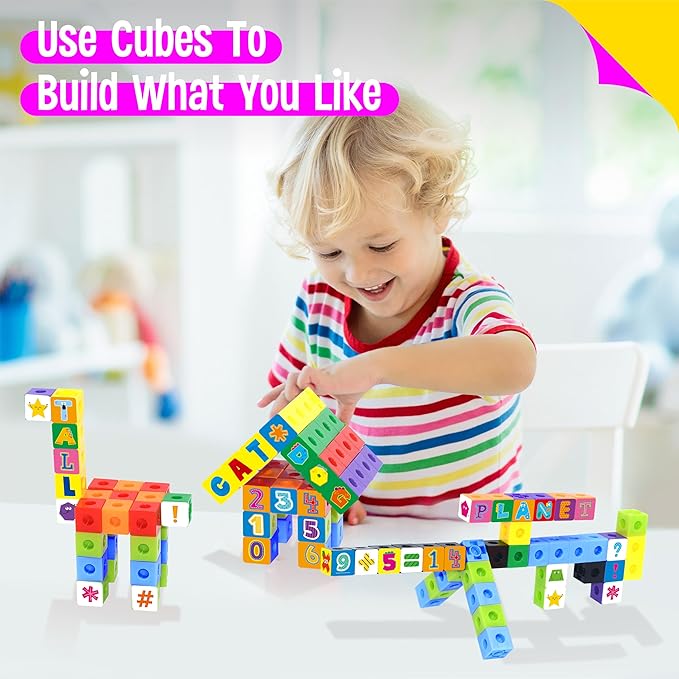 100 Math Linking Cubes, Math Cubes with 384 Reusable Stickers-Letters, Numbers, Shapes, Manipulative Geometric Connecting and Counting Blocks, Educational Toy for Kids Math Learning and Fun Activities