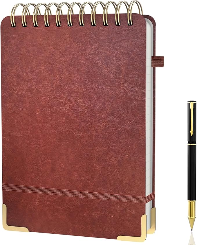 A5 Top Spiral Notebook, Large Leather Hardcover Top Bound Steno Pads, 240 Pages 100 gsm Thick Lined Paper Left Handed Notebook Journal for Work, School, Meeting Writing - Brown, 5.9" x 8.5"
