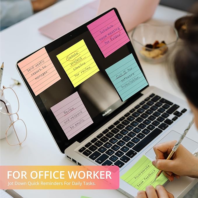 Lined Sticky Notes, 36 Pads, 3x3 Inches Self-Stick Note Pads, Perfect for Office, Study, and Daily Life Organization - Bright