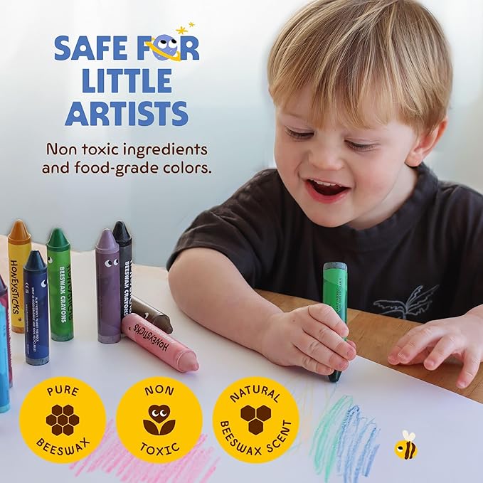 Honeysticks Super Jumbo Crayons (6 Pack) - 100% Pure Beeswax, Non Toxic Crayons for Toddlers 1-3, Extra Large Crayon Size, Easy to Hold and Use, Unbreakable Toddler Crayon, Eco-Friendly