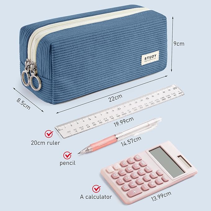 KALIDI Large Pencil Case Corduroy Pencil Pouch Box Cute School Supplies for Teen Girls Boys, Navy Blue