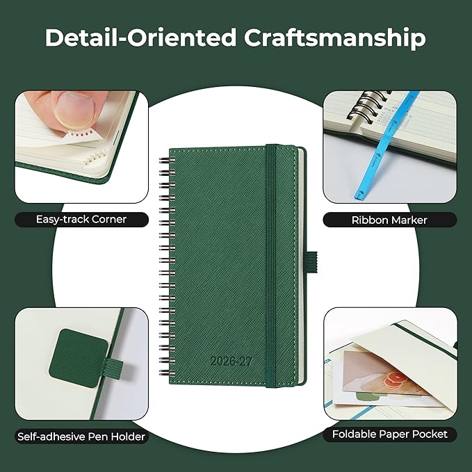 Planner 2026-2027 Daily Weekly and Monthly,6.5"x3.75",18 Months Spiral Bound Calendar Agenda with Self-adhesive Pen Holder,2026 Academic Plan with Vegan Leather Soft Cover,Green