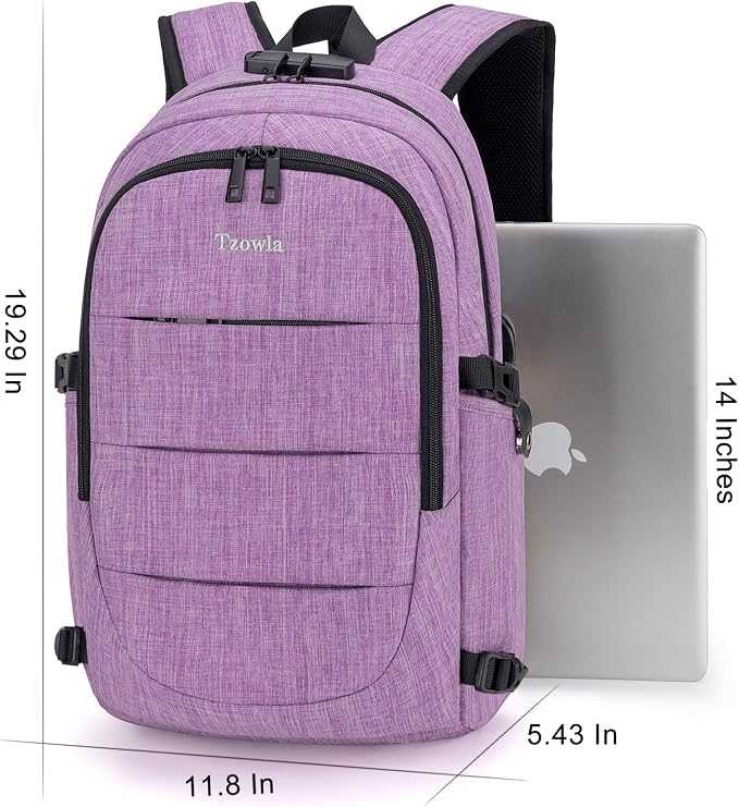 Tzowla Travel Laptop Backpack Water Resistant Anti-Theft Bag with Giant Tumbler Holder Pocket and Lock 15.6 Inch Computer Business Backpacks for Women Men Work College Gift,Casual Daypack(Purple)