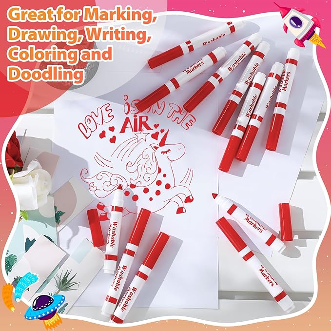 24 Pcs Washable Markers Bulk Broad Line Markers Coloring Conical Tip Large pens for art projects, Teachers, Party Favors, Donations(Red)