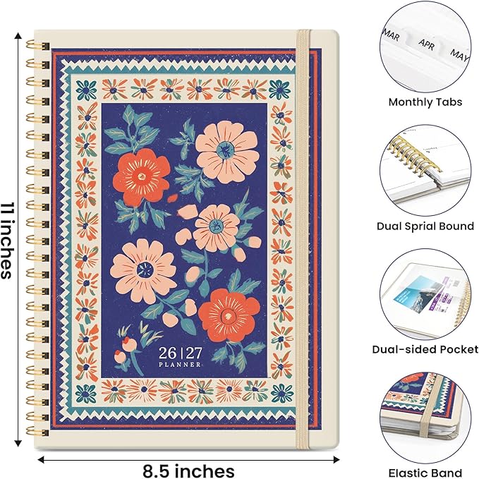Planner 2026-2027, Academic Planner Weekly and Monthly, Jul 2026 - Jun 2027, Spiral Bound School Planning Tool with Tabs and Pocket, Perfect for Students & Teacher, 8.5" x 11", Folk Bloom