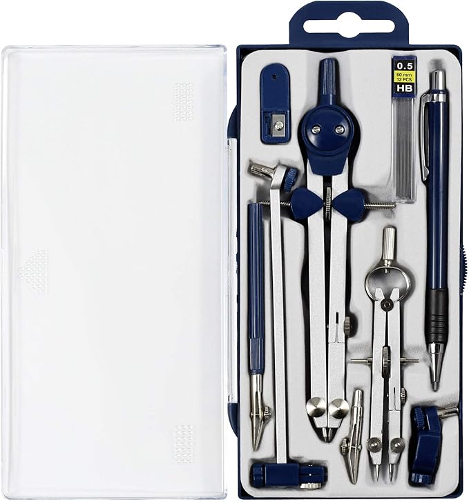 UNJOO Drawing 9Pc Geometry Set Metal Compass, Geometry Precision Tool for Student, Circle Drawing Tool and Architecture, Drafting Kits for Engineer with Shatterproof Storage Box (Blue)