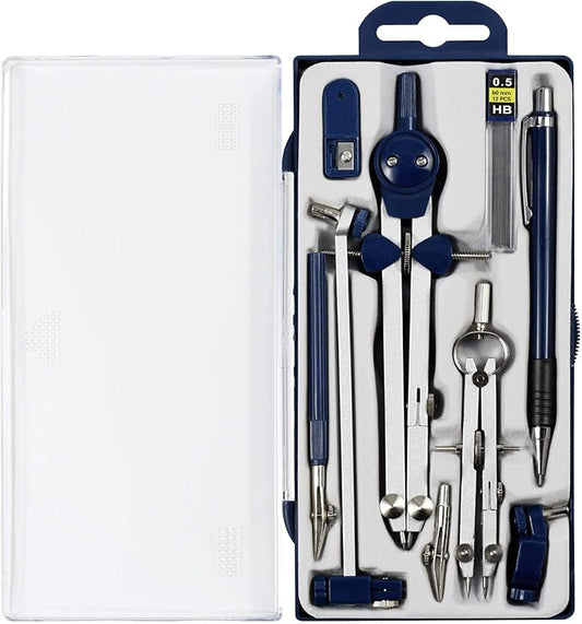 UNJOO Drawing 9Pc Geometry Set Metal Compass, Geometry Precision Tool for Student, Circle Drawing Tool and Architecture, Drafting Kits for Engineer with Shatterproof Storage Box (Blue)