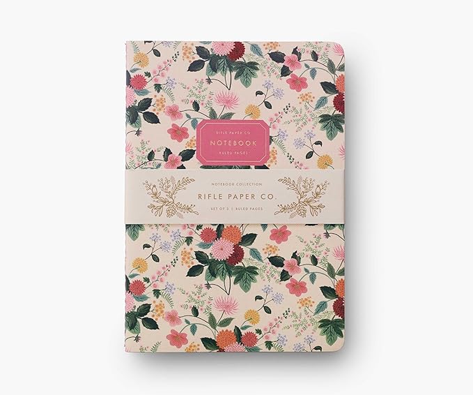 RIFLE PAPER CO. Dahlia Stitched Notebook Set, Assorted Set of 3 Notebooks, 64 Ruled Pages including Gold Ink, Full Color Canvas Cover with White Text Paper Interior, Lay-Flat Binding