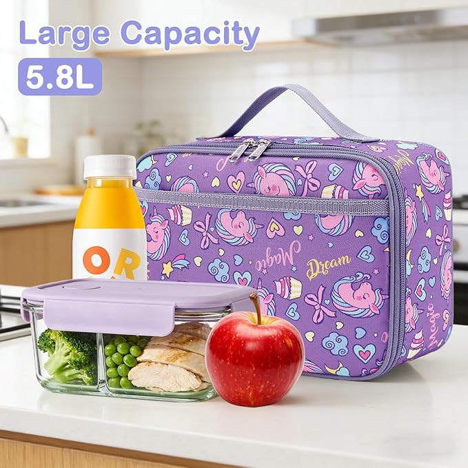 FlowFly Kids Lunch box Insulated Soft Bag Mini Cooler Back to School Thermal Meal Tote Kit for Girls, Boys, Purple Unicorn