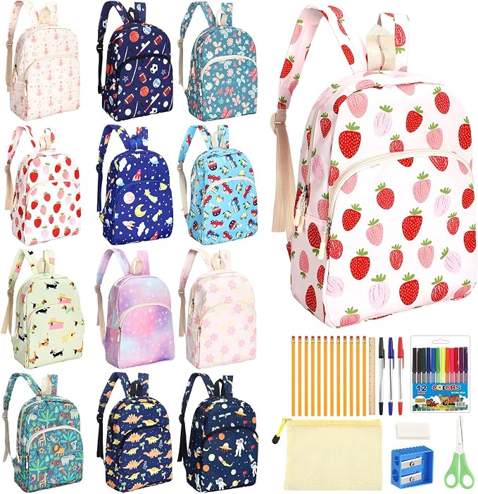 17'' Backpacks Bulk with Supplies Stationery Kits, Printed Bookbags and Writing Accessories Kit for Donation(Novelty,12 Pack)