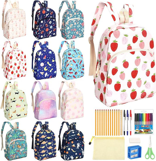 17'' Backpacks Bulk with Supplies Stationery Kits, Printed Bookbags and Writing Accessories Kit for Donation(Novelty,12 Pack)