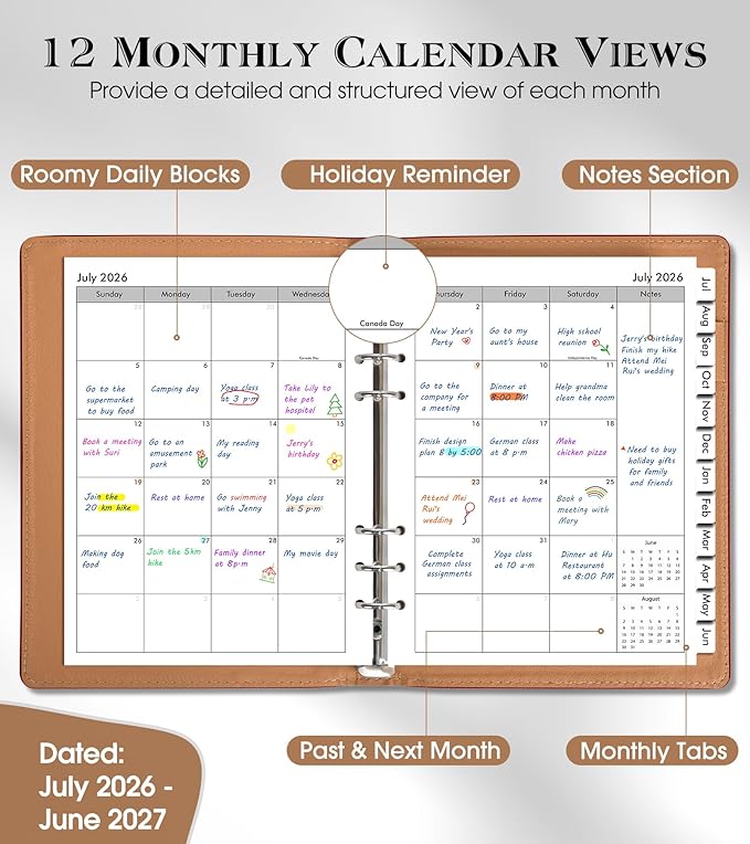 Planner 2026-2027, Academic Weekly and Monthly Calendar Planner from July 2026 - June 2027, Hardcover Leather Daily Agenda Book with Tabs, A5 College School Organizer for Student Teacher, Wine Red