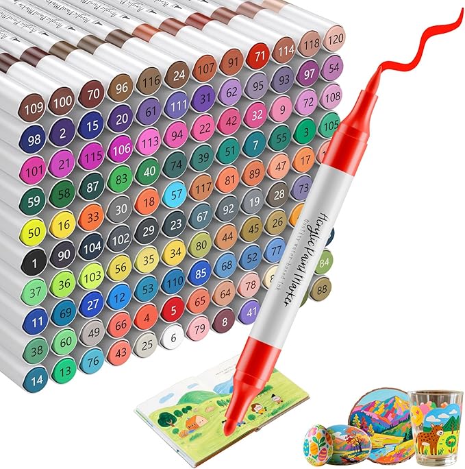 WELLOKB 80 Colors Dual Tip Acrylic Paint Markers, Fabric Markers, Brush Tip Permanent Acrylic Paint Pens for Wood, Glass, Rocks, Paper, Coloring book,Ceramic,DIY Crafts for Adults (120, Chisel&Brush)