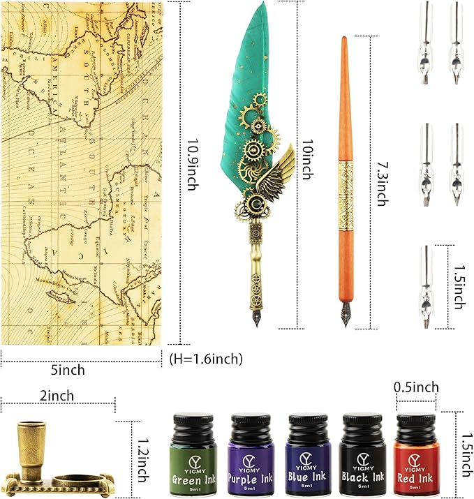 Feather Pen and Ink Set Calligraphy Kit for Beginners with Quill Pen, Antique Vintage Stationary Set for Writing, Signing & Hand Lettering Art(Green feather)