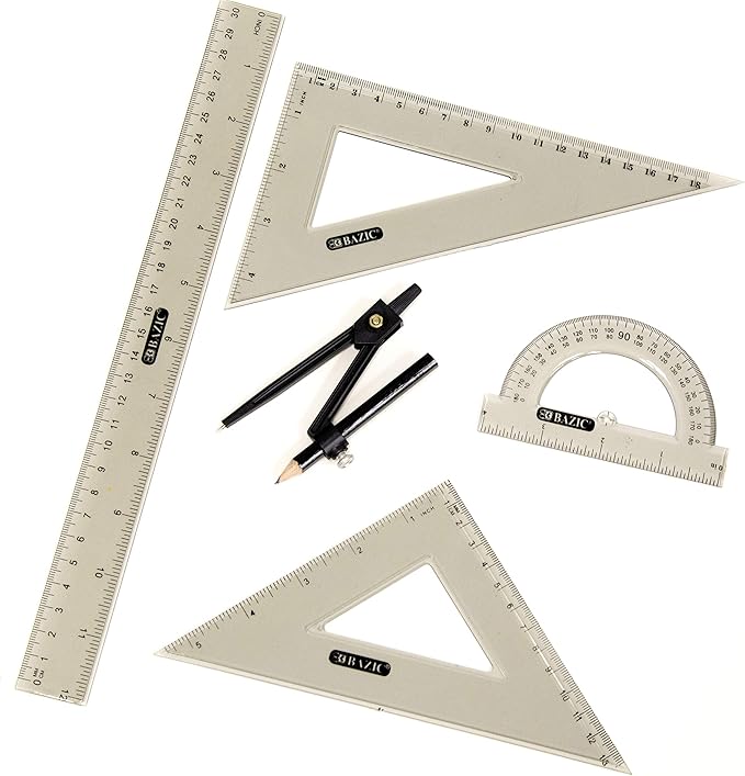 BAZIC Products Math Geometry Set 4 Pieces, Compass, Protractor, Ruler, 2 Triangle Rulers, Plastic Clear Measuring Sets for Students Professional, 2-Packs