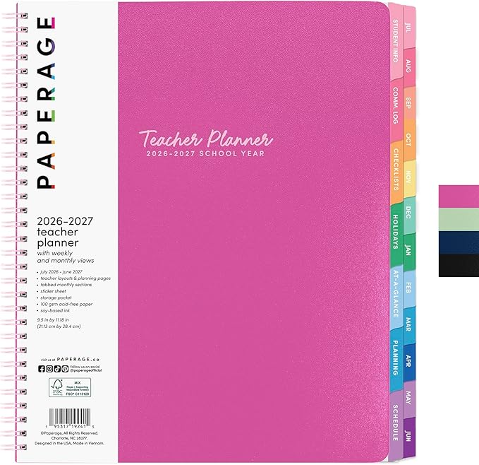 PAPERAGE Teacher Planner, Weekly & Monthly Academic Planner & Calendar, 12-Months, July 2026 - June 2027, (9.5" x 11"), Teacher Lesson Planning Book with Tabs, Stickers & Inner Pocket, Raspberry