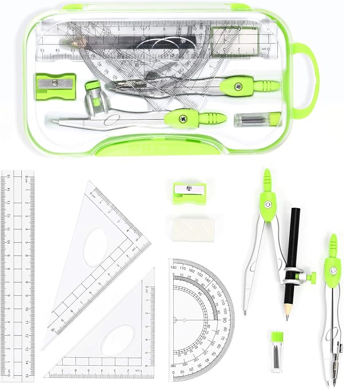 Unjoo Math Geometry Kit Sets 10 Piece Student Supplies with Shatterproof Storage Box,Includes Rulers,Protractor,Compass,Eraser,Pencil Sharpener,Lead Refills,Pencil,for Drafting and Drawings（Green）