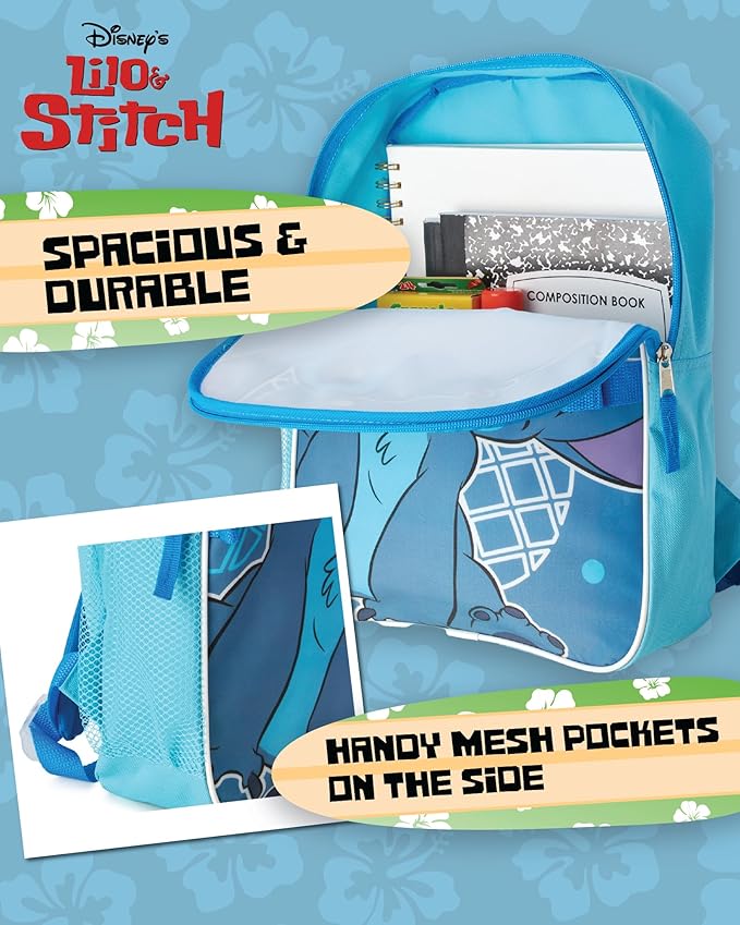 Fast Forward Stitch Kids Backpack and Lunch Box Set - 14 Inch Boys & Girls Backpack with Lunch Box for Preschool Kindergarten, Stitch Blue