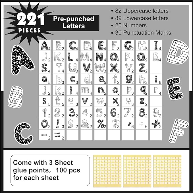 221 Pcs Composition Notebook Bulletin Board Letters, Round Alphabet Number Punctuation Symbol Combo Letter Cutouts, Black and White Classroom Decor for Summer School Chalkboard Poster Wall