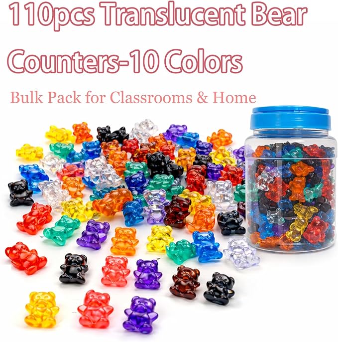110 PCS Translucent Counting Bears with Storage Jar, Color Sorting Math Manipulatives for Toddlers 3+, Preschool & Kindergarten Learning Toys, Bear Counters