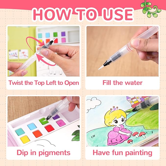 YPLUS Paint with Water Coloring Book for Toddlers, Mess Free Watercolor Painting Set with Brush, 26 Pages & 8 Color Palettes, DIY Art Craft Travel Toy Gift for Kids Ages 1-3 2-4 4-6 (Princess)