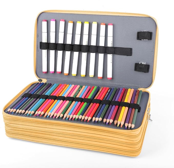 Vomgomfom 300 Slots Marker Bag, 4-Layer Zipper Portable Art Supply Organizer, PU Leather Large Capacity Marker Case Holds 100 Markers or 300 Colored Pencils with Handle (Yellow Flower)