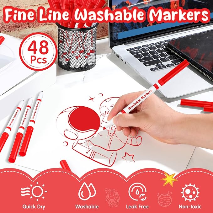 48 Pcs Line Washable Markers Bulk Red Fine Tip Markers Set Thin Coloring Mark Pens for Kids Red Tips Mark Pen for Art School Supplies, Back to School Supplies, Ages 6+