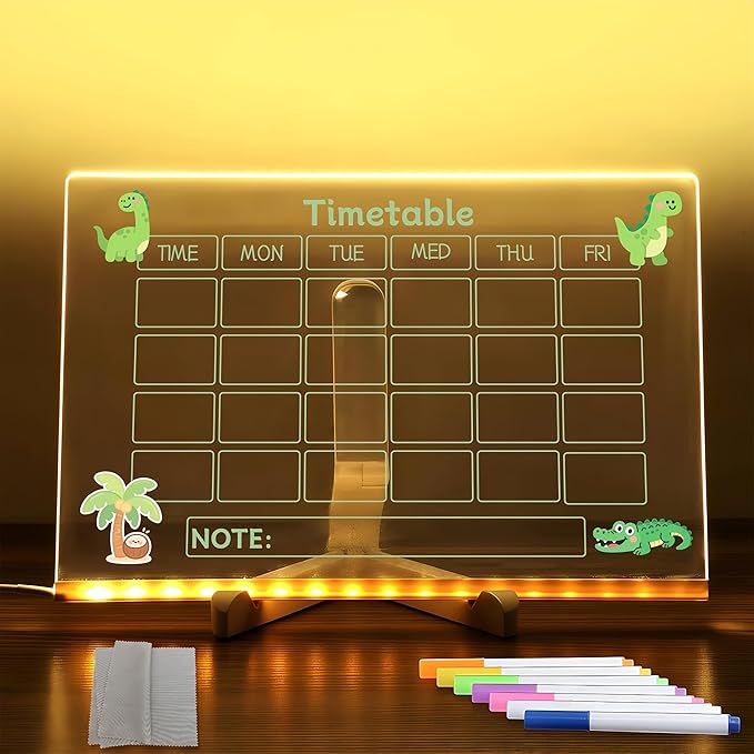 LED Acrylic Erase Board Calendar with Stand，Clear Desktop Calendar Whiteboard for Desk with 7 Color Markers Erasable Markers，Weekly&Monthly Planner，for Home, Office, School, Birthday Gift (Green)