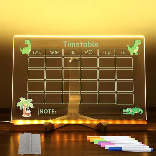 LED Acrylic Erase Board Calendar with Stand，Clear Desktop Calendar Whiteboard for Desk with 7 Color Markers Erasable Markers，Weekly&Monthly Planner，for Home, Office, School, Birthday Gift (Green)