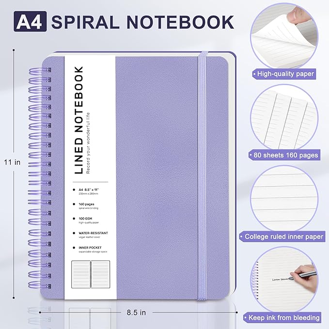 Lined Spiral Journal Notebook with 160 Pages, 8.5×11in, A4 Spiral Notebook, Journaling Notebooks for Work, School, Women, Men, College Ruled Spiral Notebook, Hardcover Leather Journals, Purple