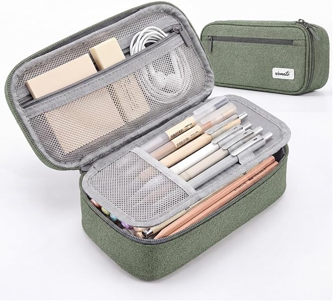 WEMATE Pencil Case, Large Capacity Pencil Pouch, Big Storage Organizer | for Stationery, Zipper Pen Bag, Travel Pen Box, Office Organizer Makeup Bag, for Men Women Green