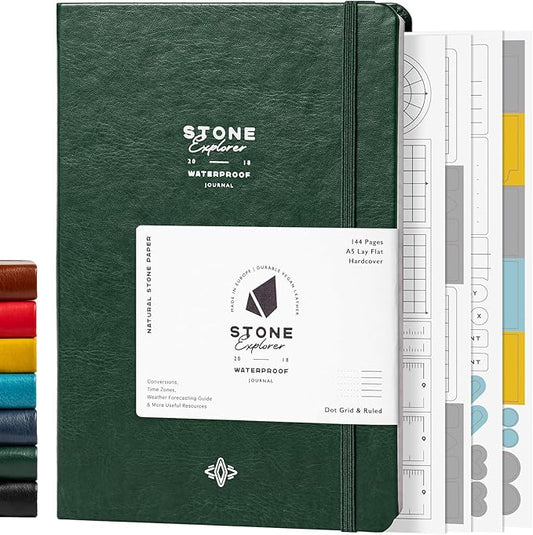 Stone Journal Explorer Notebook – A5 Waterproof Paper Field Journal, Vegan Leather Hardcover, 144 Pages Alternating Ruled & Dot Grid, Back Pocket, Weather-Resistant (Green)