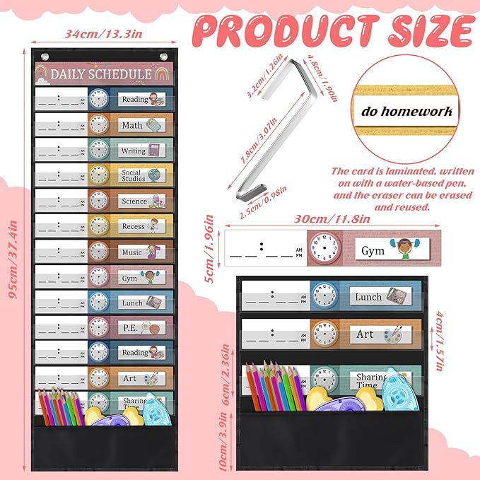 Chiisong Daily Schedule Pocket Chart, Boho 14+1 Pocket, with 40 Pcs Reusable Dry Eraser Cards Calendar for Classroom Toddler Schedule Chart Office Home Activity(Bohemian Style)
