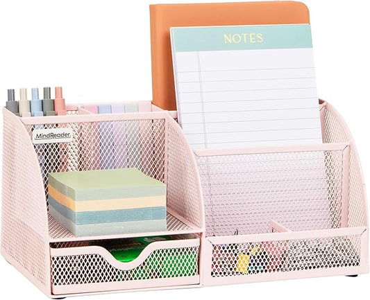 Mind Reader 7-Compartment Desktop Organizer, File & Accessory Storage, Metal Mesh Office Organizer for Desk, Workspace, Mail, Pink