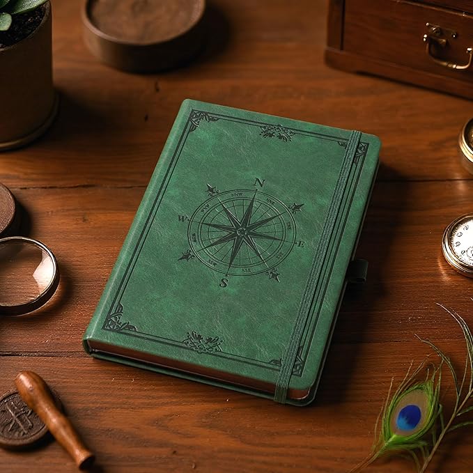 AHGXG Thick Journal Dotted Notebook for Men - 320 Numbered Pages A5 Notebook for Writing, 100gsm Dot Paper, Vintage Leather Hardcover, for Women Work Office School, 5.75'' X 8.38''- Dark Green