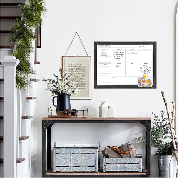 White Board Weekly Calendar Dry Erase Planner for Wall-16"X12",Black Solid Wood Frame,Minimal/Modern Design, Magnetic Whiteboard Planner for to Do List, Memo, School, Home, Office, Kitchen