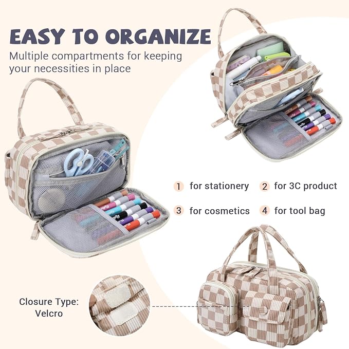 Pencil Case Corduroy Multiple Compartments Pouch Bag for Girl, Khaki