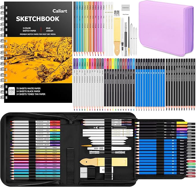 Caliart 176PCS Art Supplies Sketching Kit with 100 Sheets 3-Color Sketch Book, Graphite Colored Charcoal Watercolor & Metallic Pencils, Drawing Supplies Set for Artists Adults Beginners
