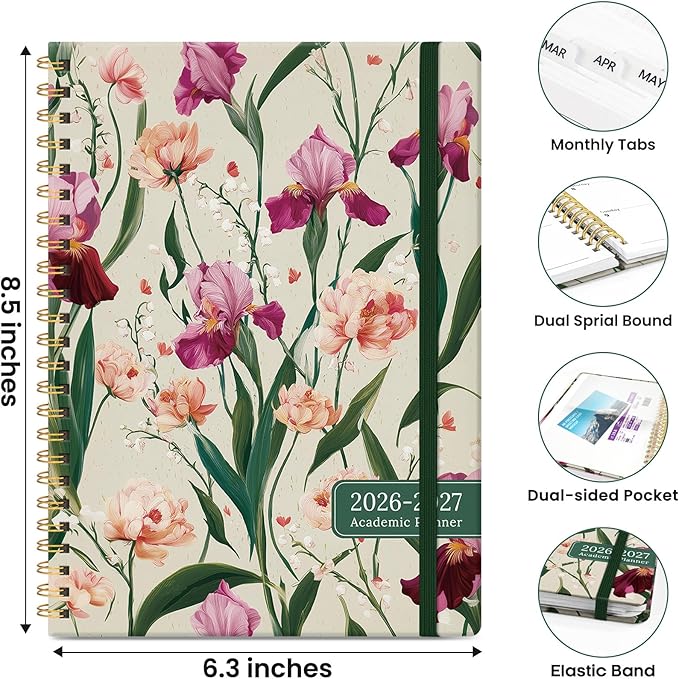Planner 2026-2027, Academic Planner Weekly and Monthly, Jul 2026 - Jun 2027, Spiral Bound School Planning Tool with Tabs and Pocket, Perfect for Students & Teacher, 6.3" x 8.5", Iris Peony
