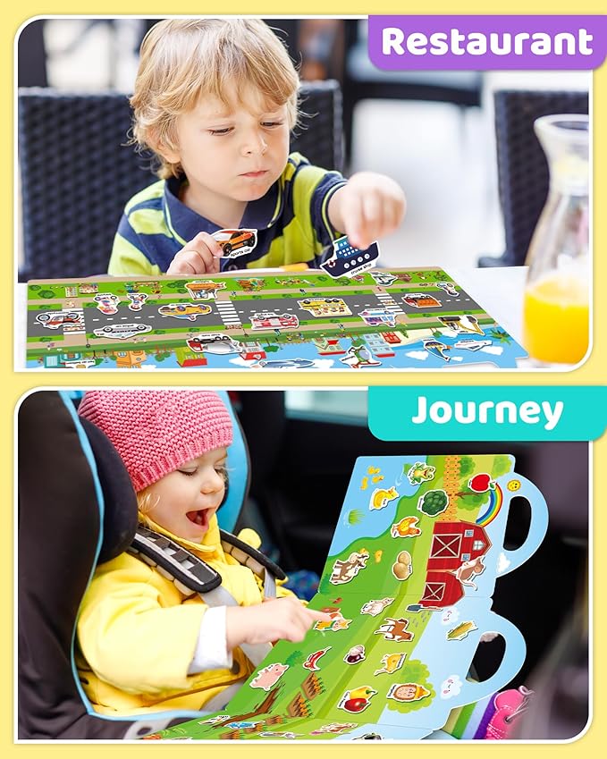 Benresive Reusable Sticker Book for Toddlers, Stickers for Kids, Travel Toys for Arts & Crafts Activities, Birthday Gift for Boys & Girls, Farm, Space and Vehicle Themes