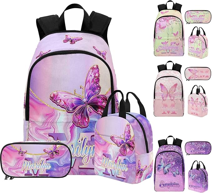 M YESCUSTOM Personalized Girls Backpack Lunch Bag with Name, Butterfly Custom School Backpacks for Kids Teen Waterproof Bookbag Backpacks Set Pencil Pouch