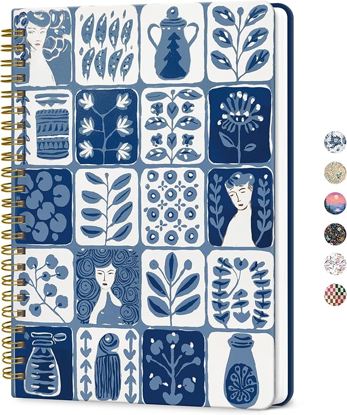 ZOTIA Lined Spiral Journal for Women, A5 Cute Hardcover College Ruled Notebook for Work, School & Note Taking, Aesthetic Writing Journal, 140 Pages (5.8" x 8.3"), Blue Art