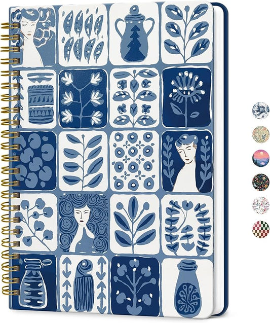 ZOTIA Lined Spiral Journal for Women, A5 Cute Hardcover College Ruled Notebook for Work, School & Note Taking, Aesthetic Writing Journal, 140 Pages (5.8" x 8.3"), Blue Art