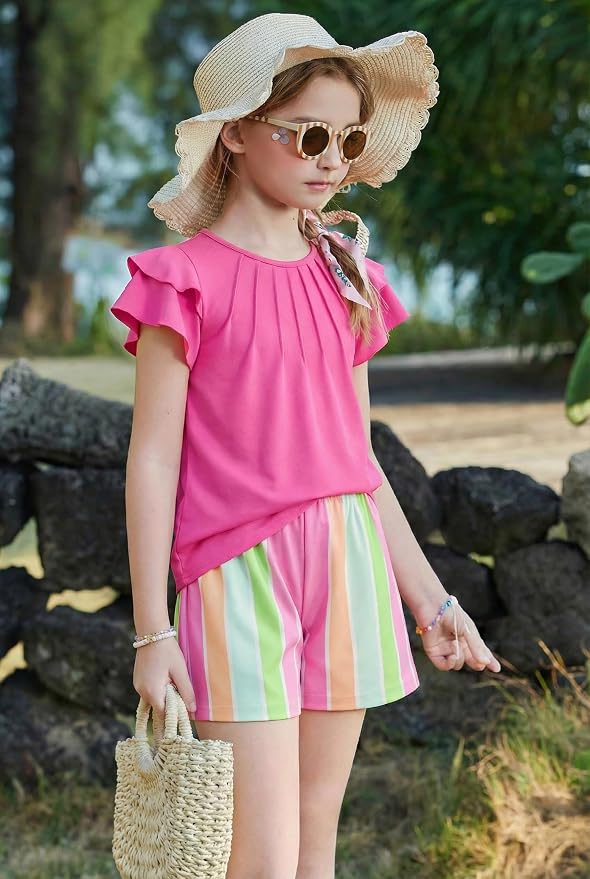 Arshiner Girls 2 Piece Outfits Summer Ruffle Sleeve Top and Paperbag Waist Shorts Set with Pockets Size 5-13 Years