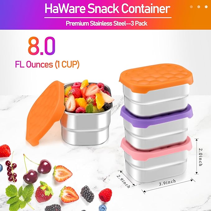 HaWare 8 oz Stainless Steel Snack Containers for Toddlers and Kids, Leak Proof Food Storage Containers with Silicone Lids, Stackable & Reusable Small Metal Lunch Box for Daycare and School- 3 Packs