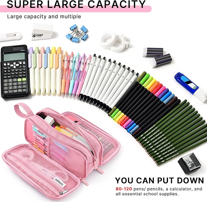 TOPBIDAI Large Pencil Case Pouch for Girls Boy Women Men Adults | Big Capacity Canvas Pencil Bag, Office School Supplies, Multi Compartment Zipper Stationery Pen Box(Light Pink)
